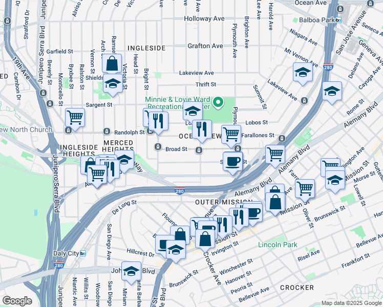 map of restaurants, bars, coffee shops, grocery stores, and more near 227 Broad Street in San Francisco