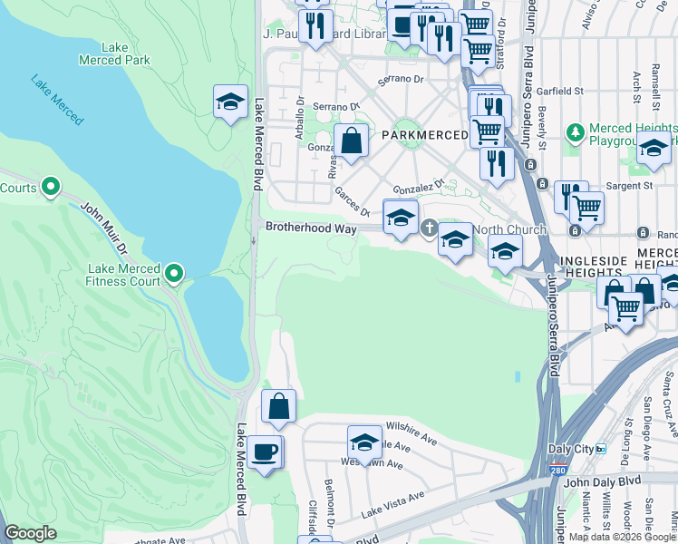 map of restaurants, bars, coffee shops, grocery stores, and more near 246 North Lake Merced Hills in San Francisco