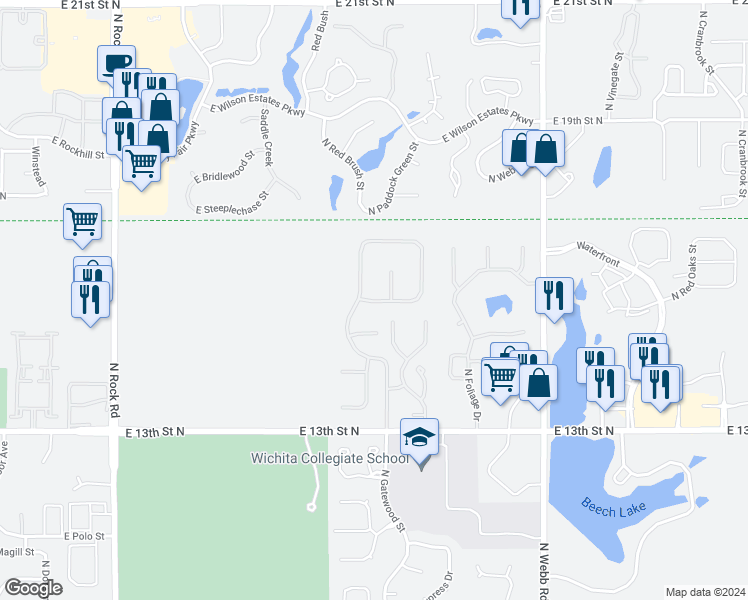 map of restaurants, bars, coffee shops, grocery stores, and more near 8908-8986 E Crestwood St in Wichita