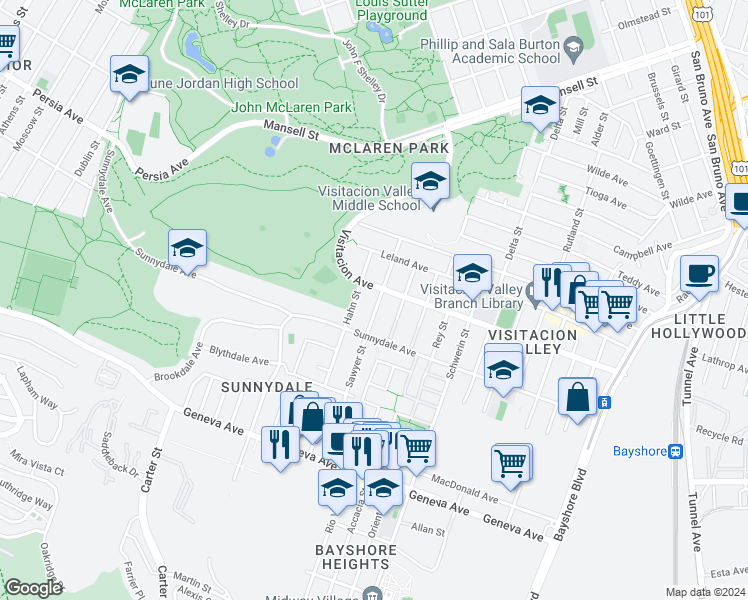 map of restaurants, bars, coffee shops, grocery stores, and more near 420 Sawyer Street in San Francisco
