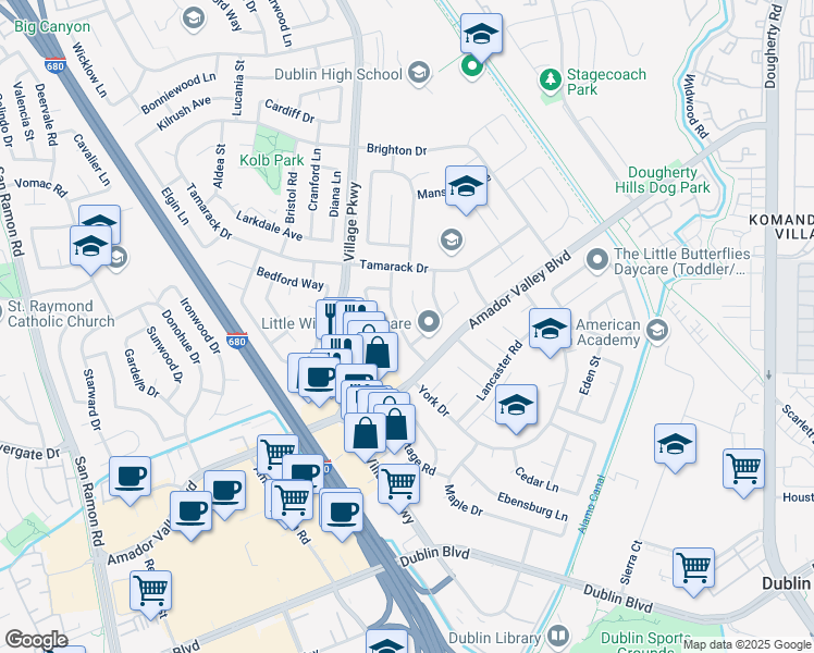 map of restaurants, bars, coffee shops, grocery stores, and more near 7239 Emerald Avenue in Dublin