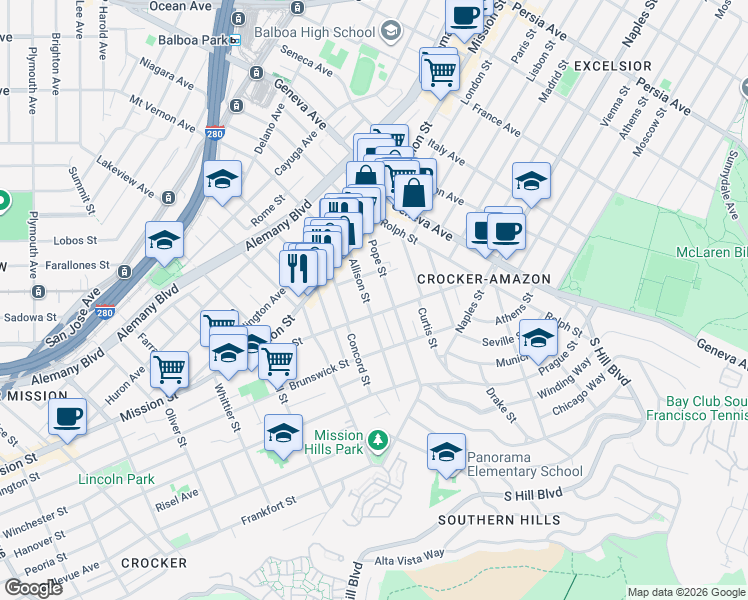 map of restaurants, bars, coffee shops, grocery stores, and more near 140 Allison Street in San Francisco