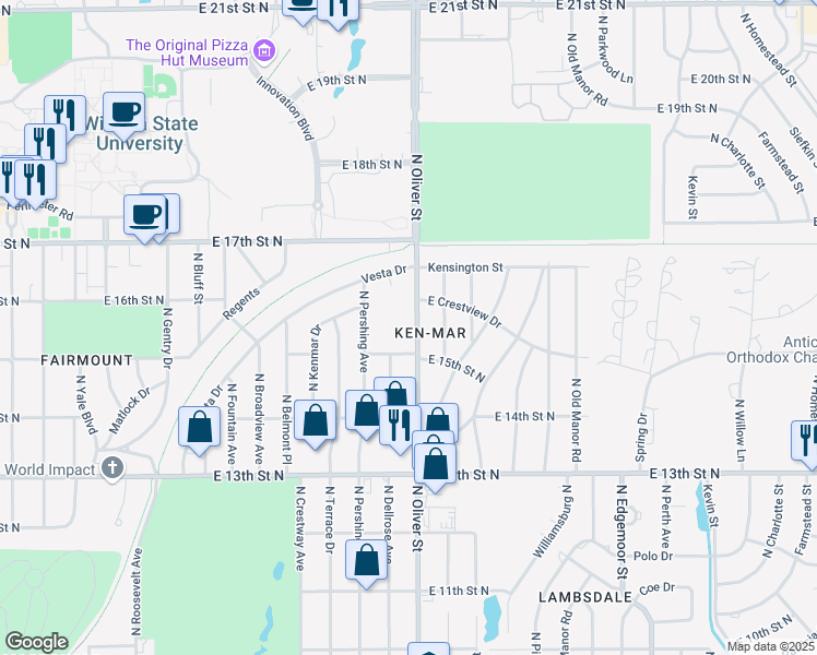 map of restaurants, bars, coffee shops, grocery stores, and more near 1627 North Oliver Avenue in Wichita