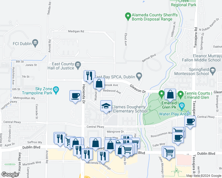 map of restaurants, bars, coffee shops, grocery stores, and more near 4919 Redwood Avenue in Dublin