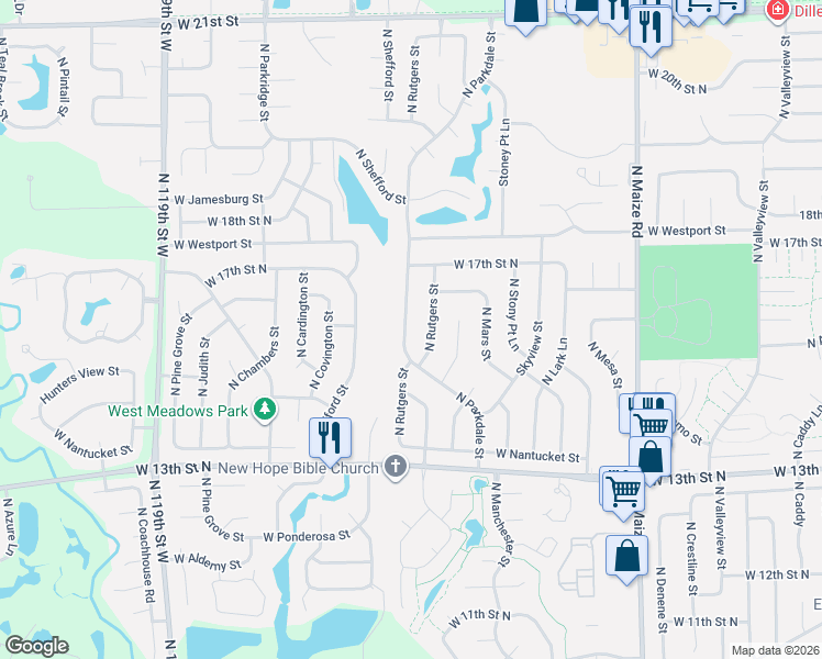 map of restaurants, bars, coffee shops, grocery stores, and more near 1628 North Parkdale Street in Wichita