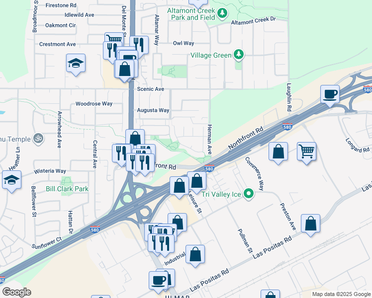 map of restaurants, bars, coffee shops, grocery stores, and more near 6401 Almaden Way in Livermore