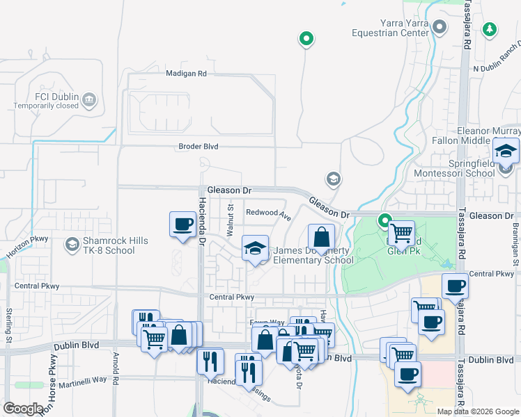 map of restaurants, bars, coffee shops, grocery stores, and more near 4919 Redwood Avenue in Dublin