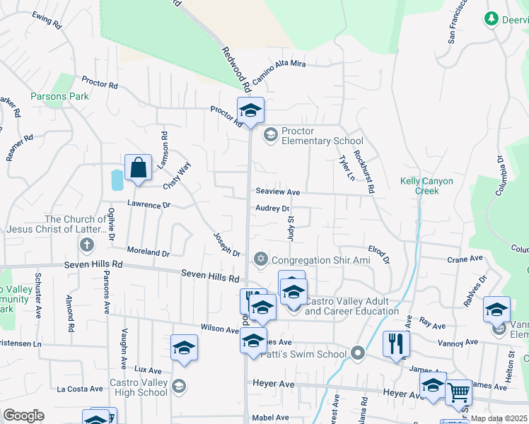 map of restaurants, bars, coffee shops, grocery stores, and more near 4729 Audrey Drive in Castro Valley