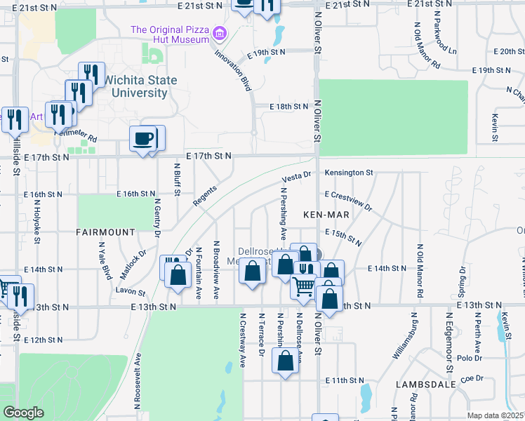 map of restaurants, bars, coffee shops, grocery stores, and more near 1638 Kenmar Street in Wichita