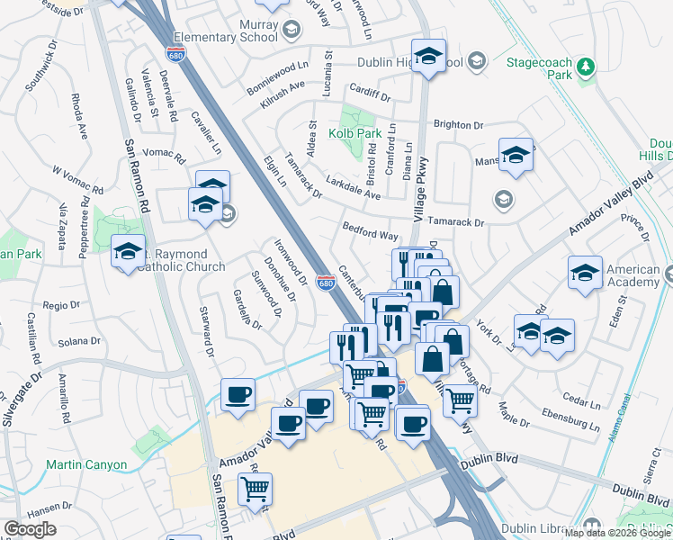 map of restaurants, bars, coffee shops, grocery stores, and more near 7712 Canterbury Lane in Dublin