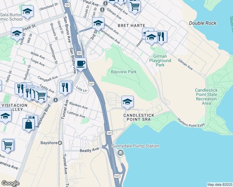 map of restaurants, bars, coffee shops, grocery stores, and more near 201 Diamond Cove Terrace in San Francisco