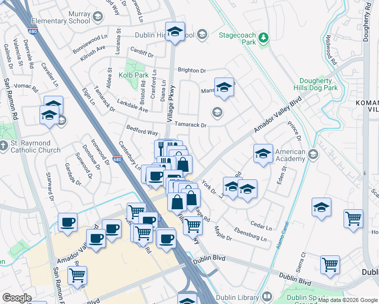 map of restaurants, bars, coffee shops, grocery stores, and more near 7239 Emerald Avenue in Dublin