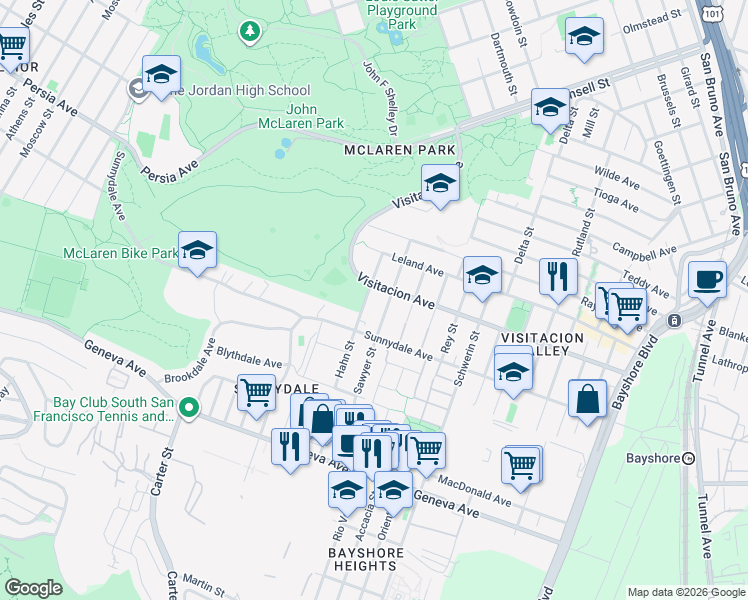 map of restaurants, bars, coffee shops, grocery stores, and more near 420 Sawyer Street in San Francisco