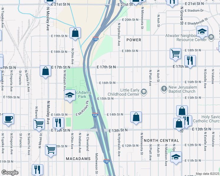 map of restaurants, bars, coffee shops, grocery stores, and more near 1641 North Pennsylvania Avenue in Wichita