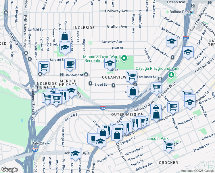 map of restaurants, bars, coffee shops, grocery stores, and more near 227 Broad Street in San Francisco