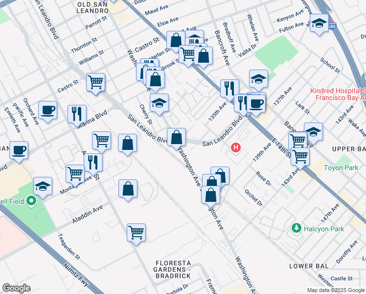 map of restaurants, bars, coffee shops, grocery stores, and more near 2480 Washington Avenue in San Leandro