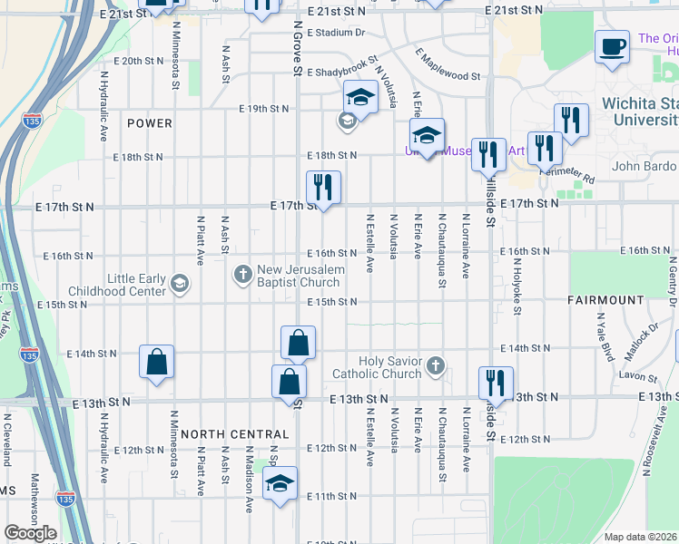 map of restaurants, bars, coffee shops, grocery stores, and more near 1636 N Poplar St in Wichita