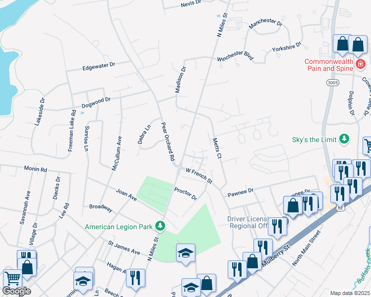 map of restaurants, bars, coffee shops, grocery stores, and more near North Miles Street in Elizabethtown