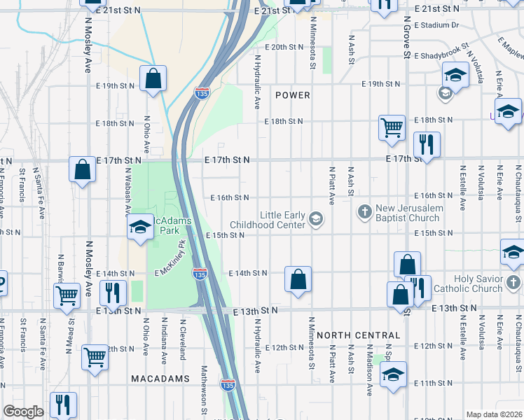 map of restaurants, bars, coffee shops, grocery stores, and more near 1642 North Hydraulic Avenue in Wichita