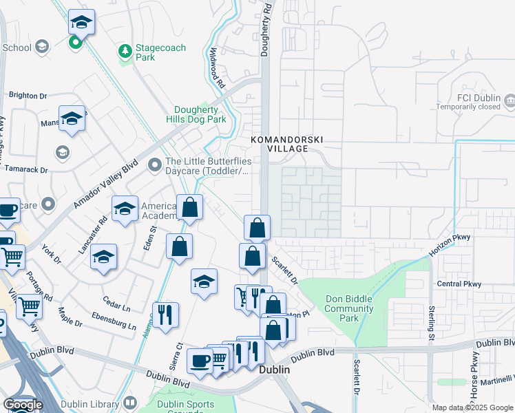 map of restaurants, bars, coffee shops, grocery stores, and more near 6381 Monterey Way in Dublin