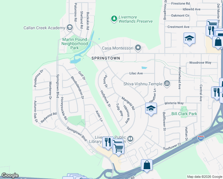 map of restaurants, bars, coffee shops, grocery stores, and more near 5110 Peony Drive in Livermore