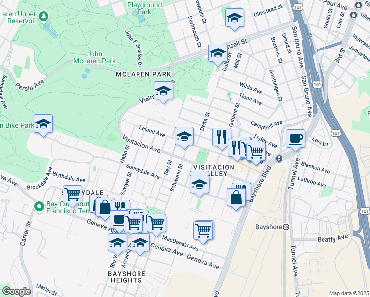 map of restaurants, bars, coffee shops, grocery stores, and more near 20 Schwerin Street in San Francisco