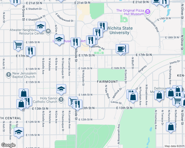 map of restaurants, bars, coffee shops, grocery stores, and more near 1636 Fairmount Street in Wichita