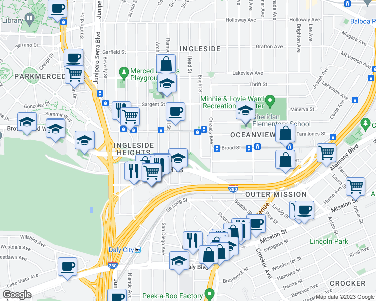 map of restaurants, bars, coffee shops, grocery stores, and more near 323 Head Street in San Francisco