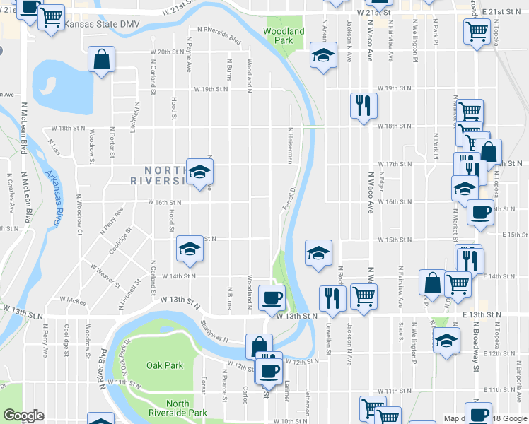 map of restaurants, bars, coffee shops, grocery stores, and more near 1639 North Jeanette Avenue in Wichita