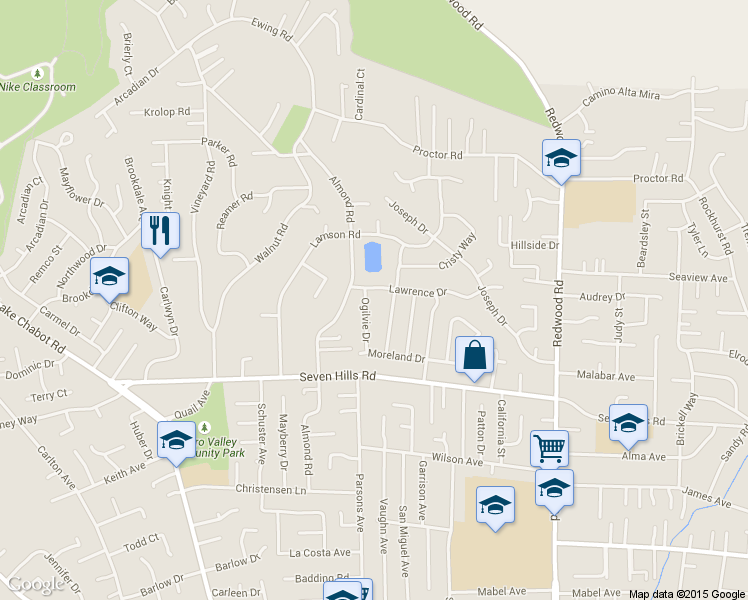 map of restaurants, bars, coffee shops, grocery stores, and more near 18402 Ogilvie Drive in Castro Valley