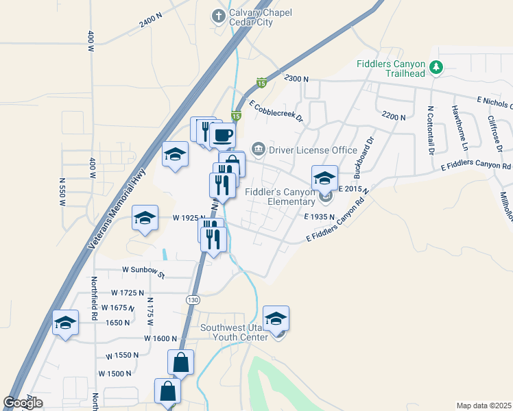 map of restaurants, bars, coffee shops, grocery stores, and more near 173 East Fiddlers Canyon Road in Cedar City