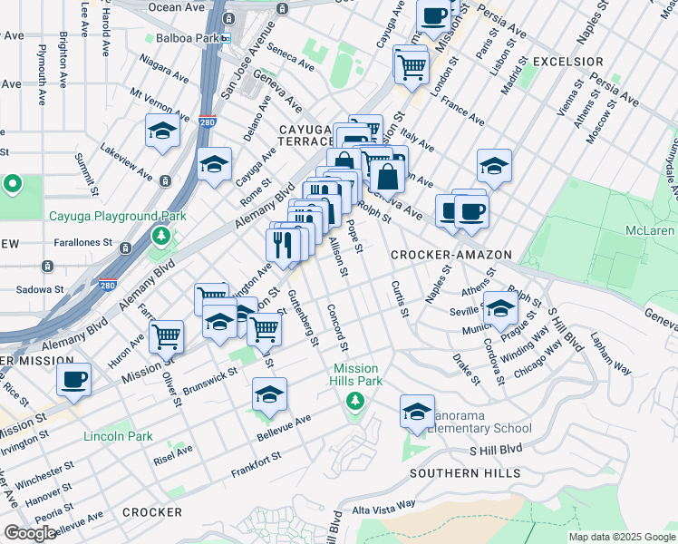 map of restaurants, bars, coffee shops, grocery stores, and more near 140 Allison Street in San Francisco