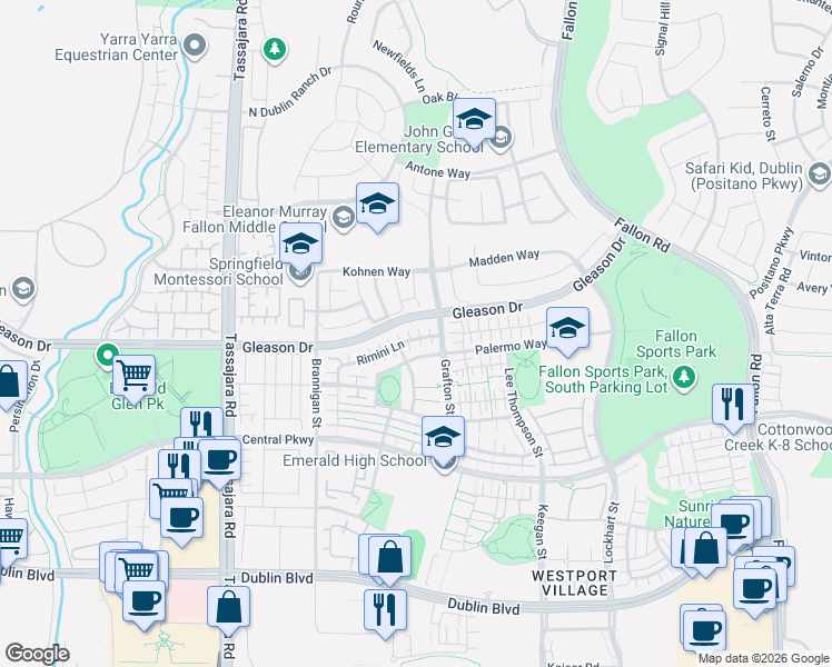 map of restaurants, bars, coffee shops, grocery stores, and more near 3483 Rimini Lane in Dublin