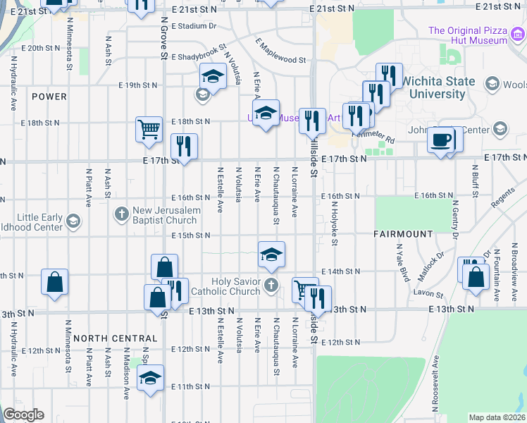 map of restaurants, bars, coffee shops, grocery stores, and more near 1638 North Erie Street in Wichita