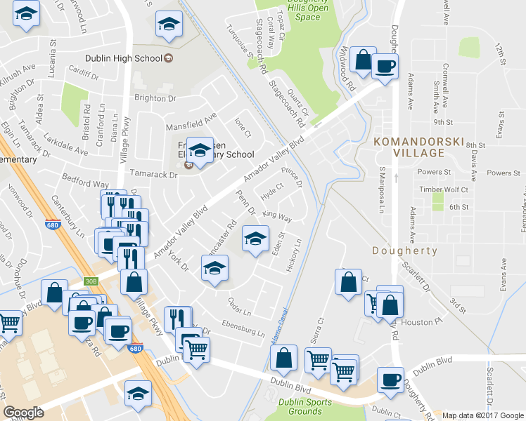 map of restaurants, bars, coffee shops, grocery stores, and more near 6890 Post Road in Dublin