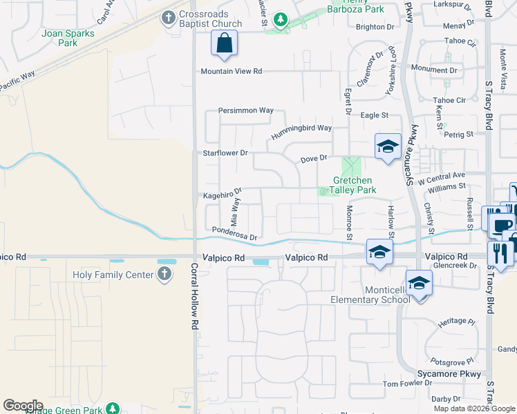 map of restaurants, bars, coffee shops, grocery stores, and more near 2449 Aurora Astorga Drive in Tracy