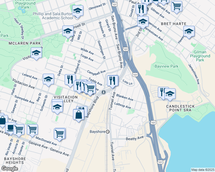map of restaurants, bars, coffee shops, grocery stores, and more near 2152 Racine Lane in San Francisco