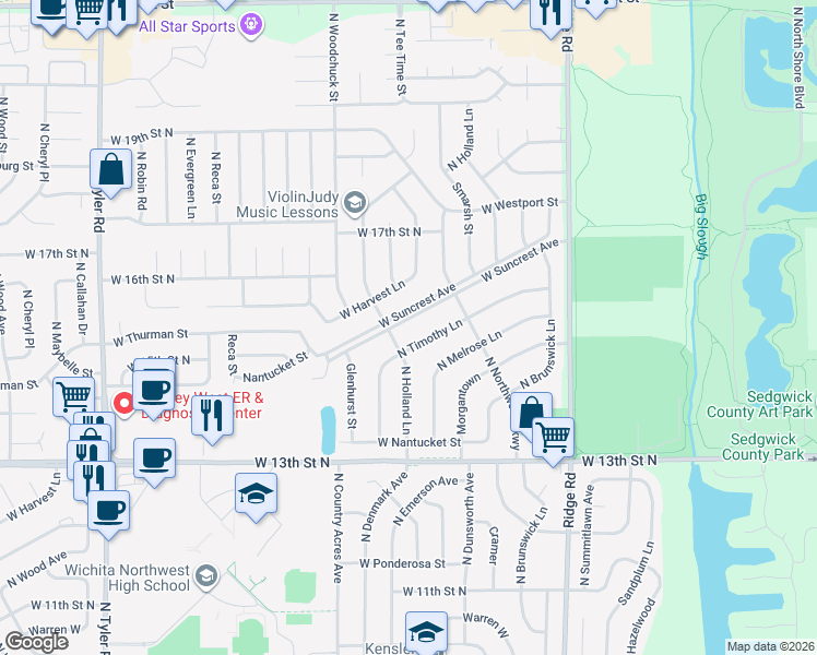 map of restaurants, bars, coffee shops, grocery stores, and more near 7801 Suncrest Street in Wichita