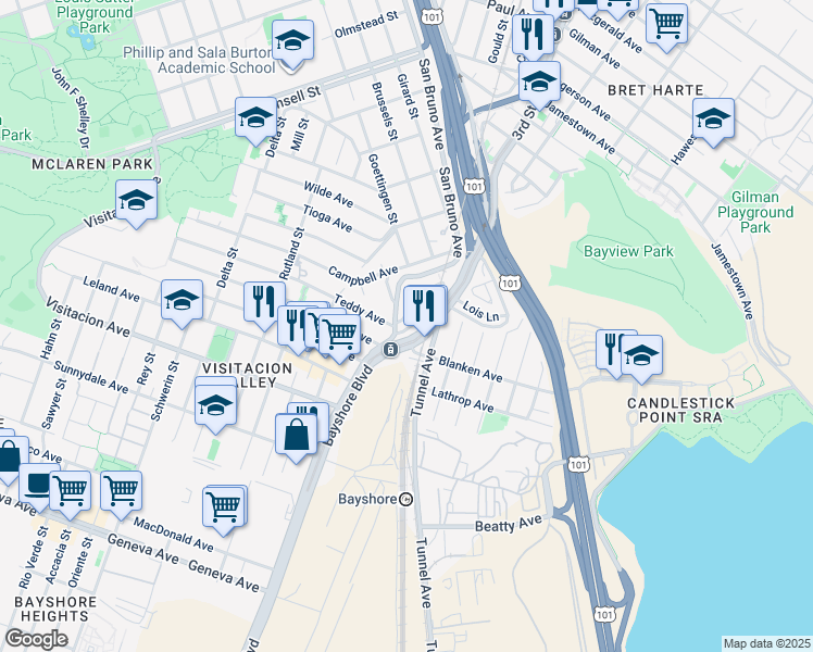 map of restaurants, bars, coffee shops, grocery stores, and more near 2152 Racine Lane in San Francisco