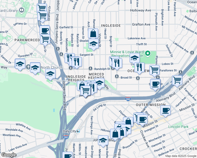 map of restaurants, bars, coffee shops, grocery stores, and more near 122 Ramsell Street in San Francisco