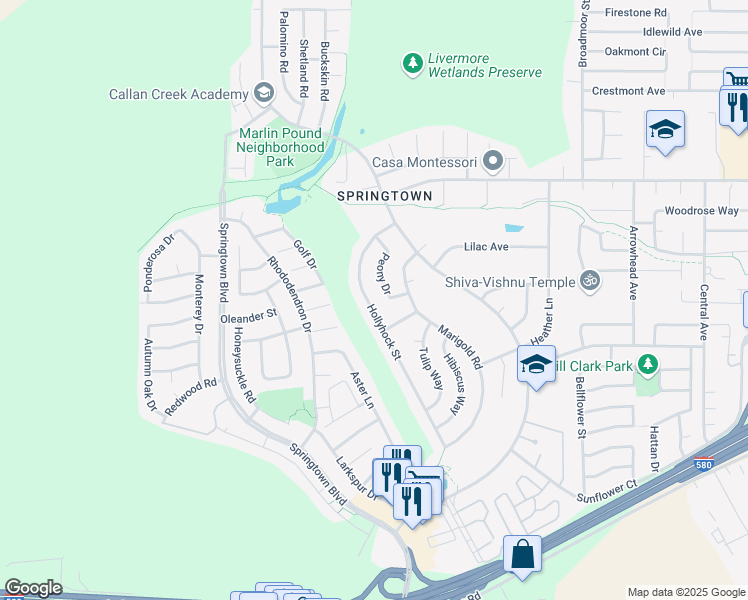 map of restaurants, bars, coffee shops, grocery stores, and more near 1557 Hollyhock Street in Livermore