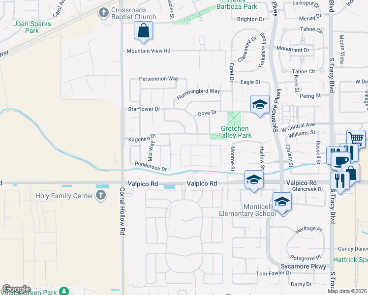 map of restaurants, bars, coffee shops, grocery stores, and more near 2442 Azalea Avenue in Tracy