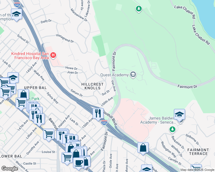 map of restaurants, bars, coffee shops, grocery stores, and more near 14856 Midland Road in San Leandro