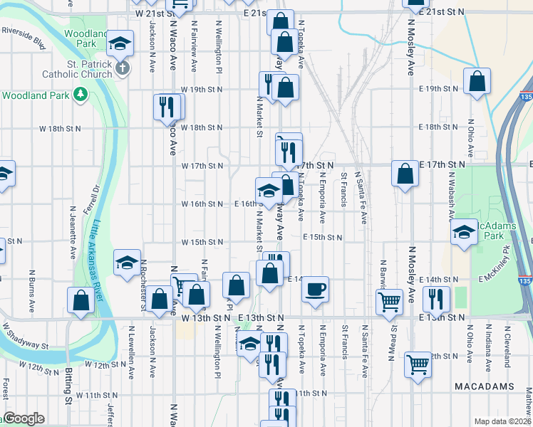 map of restaurants, bars, coffee shops, grocery stores, and more near 1642 North Market Street in Wichita