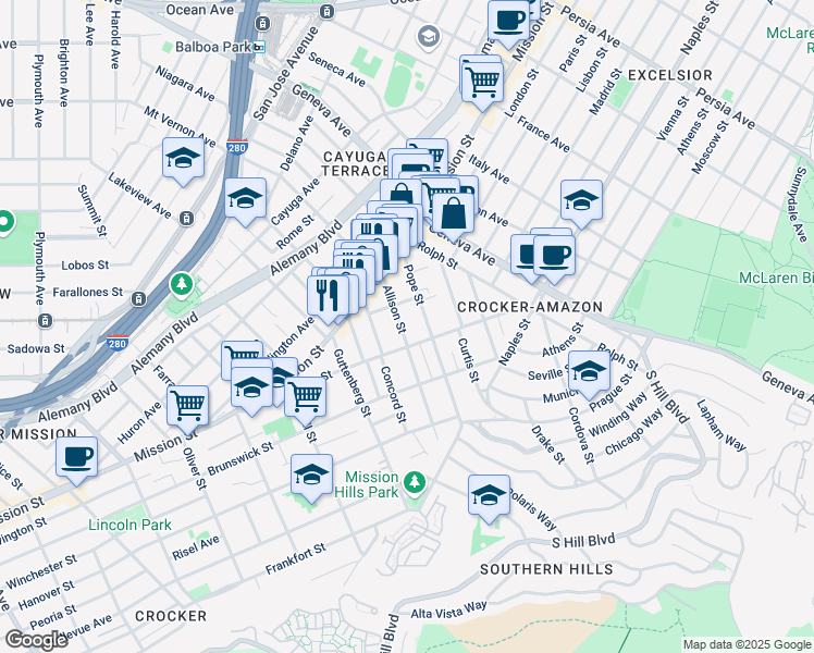map of restaurants, bars, coffee shops, grocery stores, and more near in San Francisco