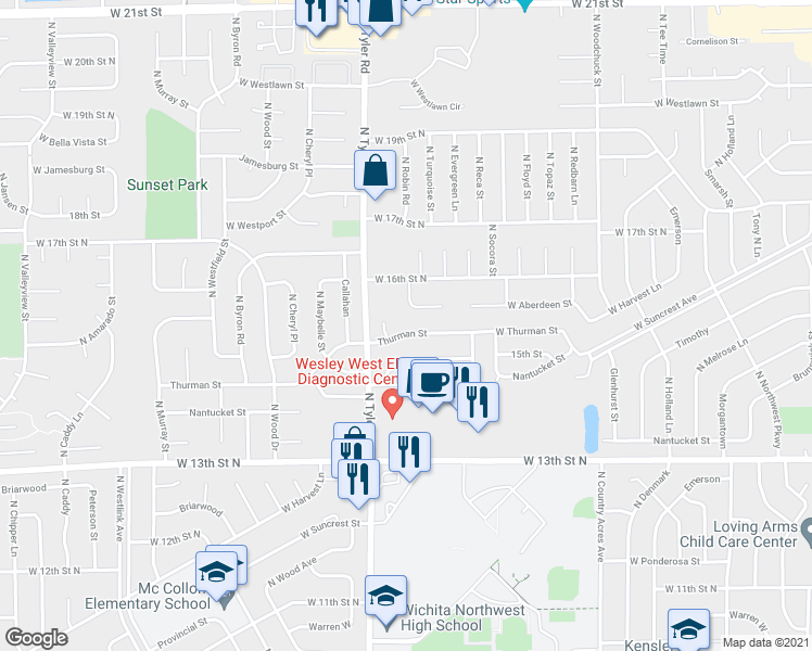 map of restaurants, bars, coffee shops, grocery stores, and more near 8612 West Thurman Street in Wichita