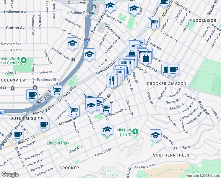 map of restaurants, bars, coffee shops, grocery stores, and more near 26 Foote Avenue in San Francisco