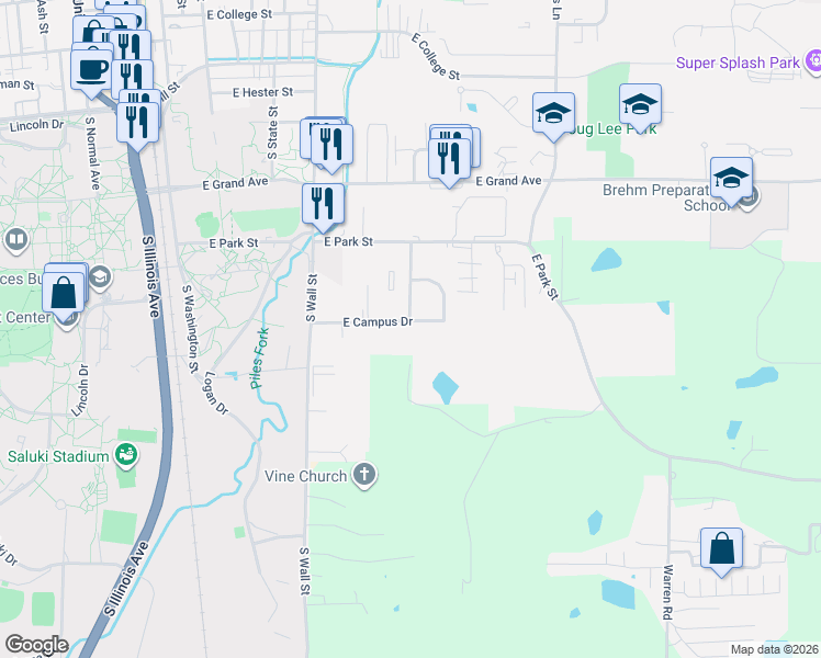 map of restaurants, bars, coffee shops, grocery stores, and more near 701 East Campus Drive in Carbondale