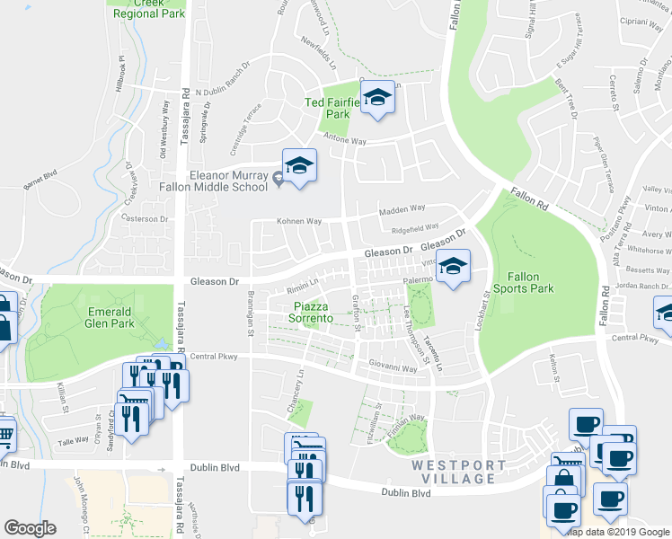 map of restaurants, bars, coffee shops, grocery stores, and more near 3483 Rimini Lane in Dublin