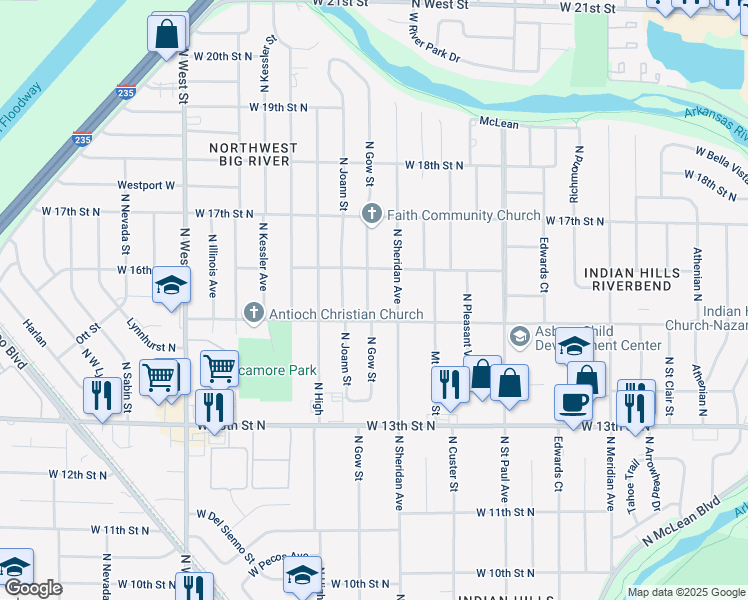 map of restaurants, bars, coffee shops, grocery stores, and more near 1624 North Gow Street in Wichita